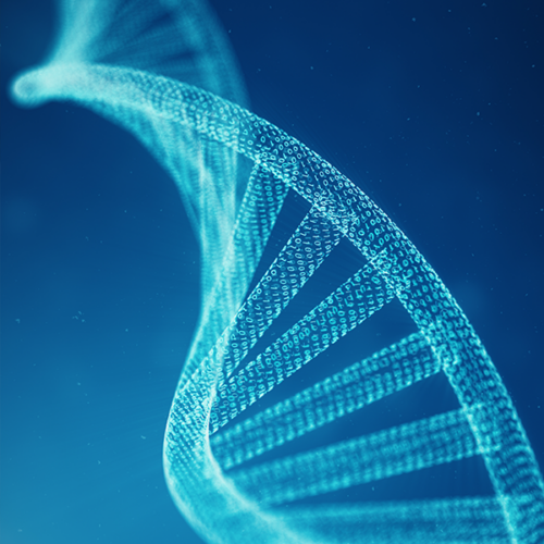 3D illustration of DNA model comprised of binary code.