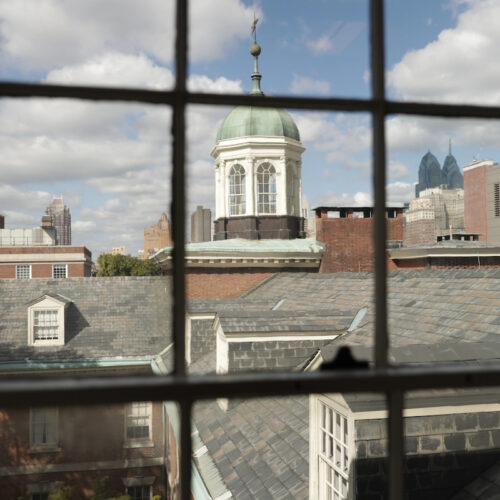 Courtyard of Pennsylvania Hospital viewed from window.