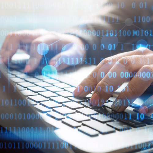 A pair of hands typing on a keyboard with binary data and nodes overlaid.