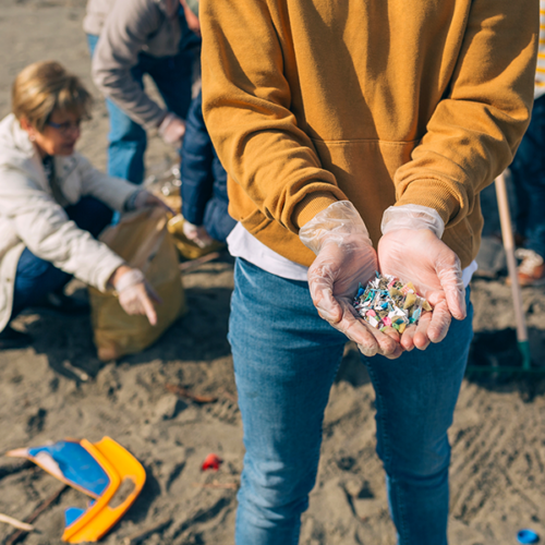 Close-up of a person's cupped hands holding microplastics found on a beach.