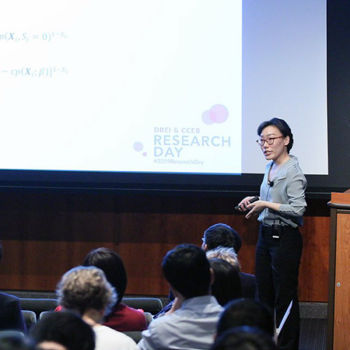 Lingjiao Zhang, an alum of the PhD in Biostatistics program, presents at a previous DBEI Research Day.